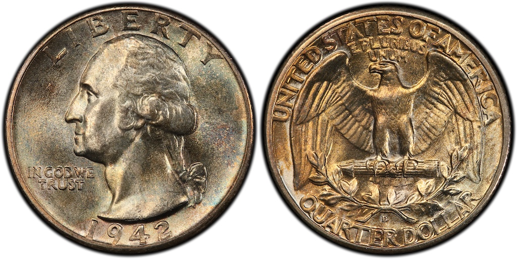 1942 quarter doubled die obverse comparison: normal coin left vs DDO variety right showing doubling on date and motto