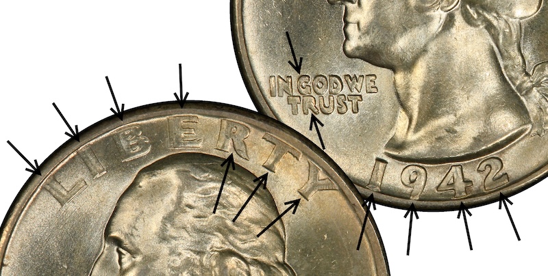 1942 quarter doubled die obverse showing doubling on date digits and motto under magnification