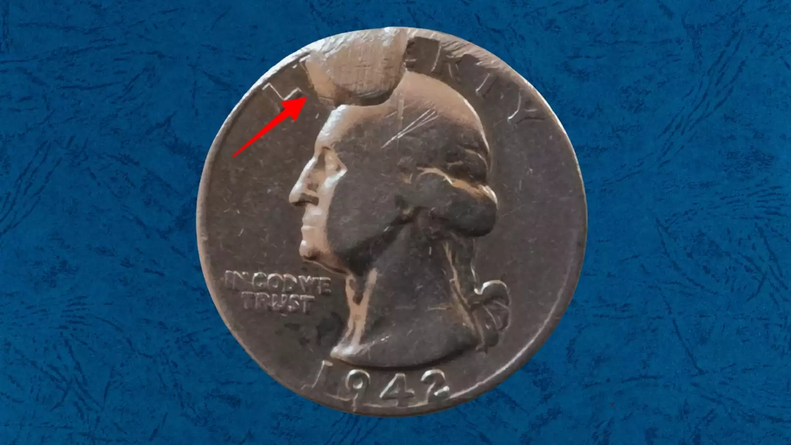 1942 quarter off-center strike showing crescent of blank planchet metal alongside shifted design