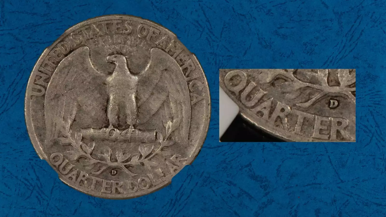 1942 quarter die crack error showing raised crack line across the coin surface and rim cud